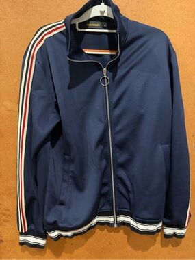 Casual Navy Utility Track Jacket with Red & White Stripe Trim